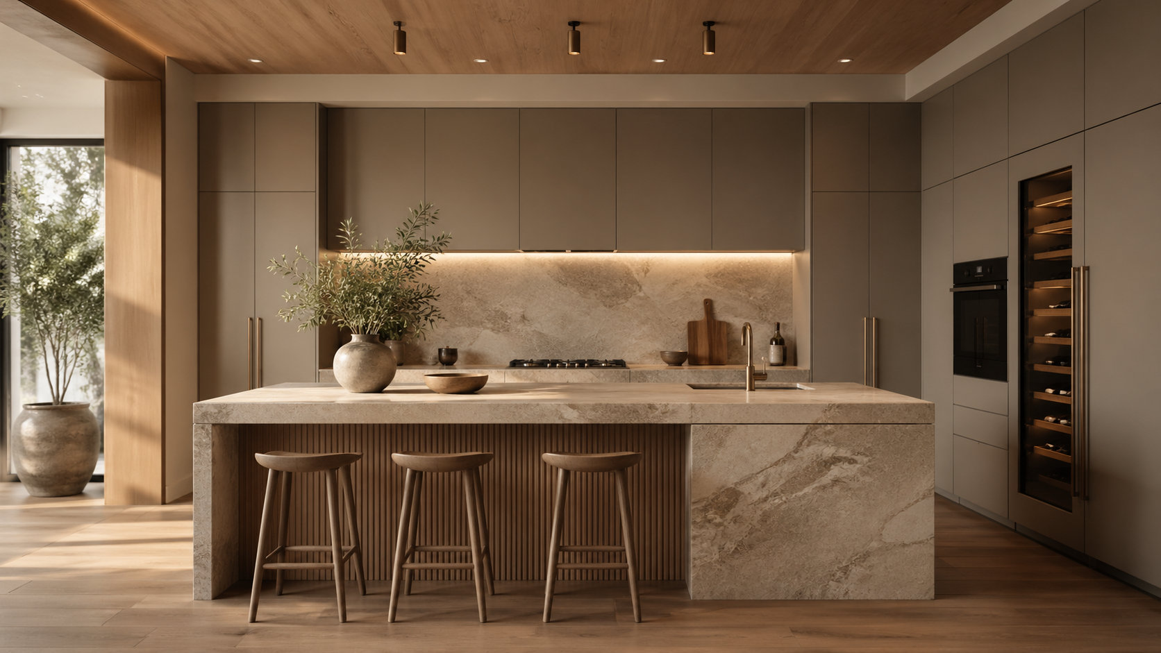 Warm matte kitchen with raw stone island and natural textures, representing the 2026 shift away from glossy finishes.